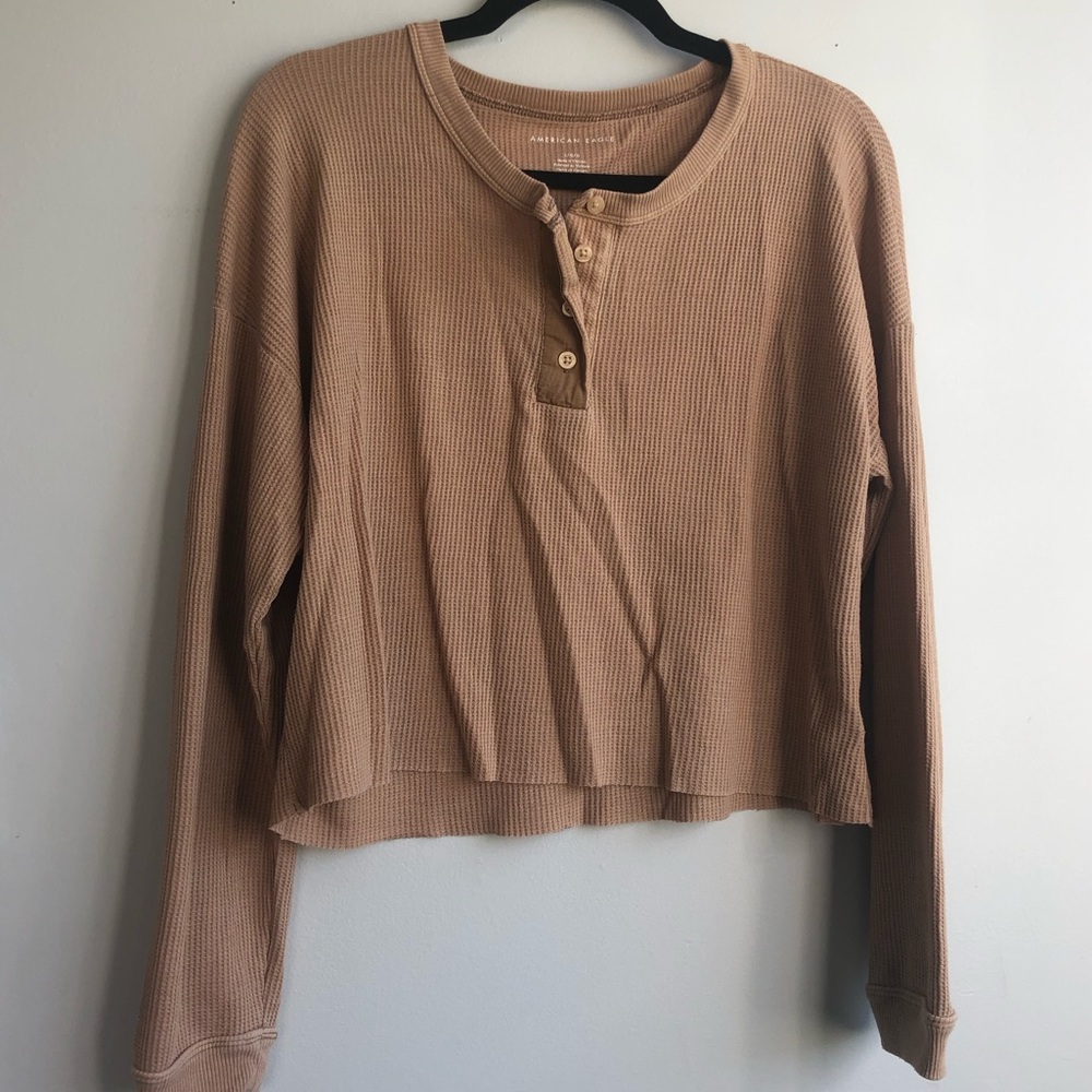 AE Cropped Raw Edge Hem Waffle Knit Henley